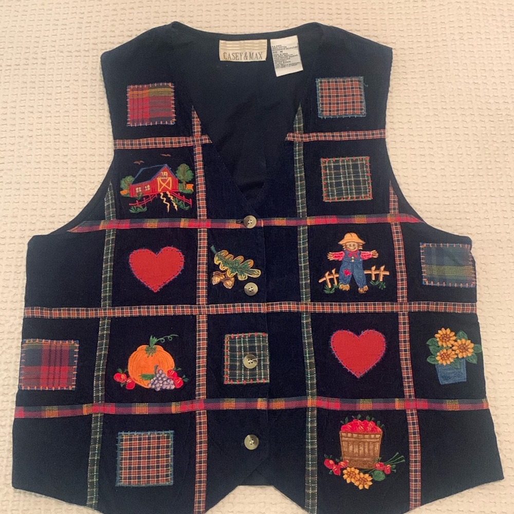 Vintage Navy Corduroy Fall Appliqué Embroidered Vest Size Medium